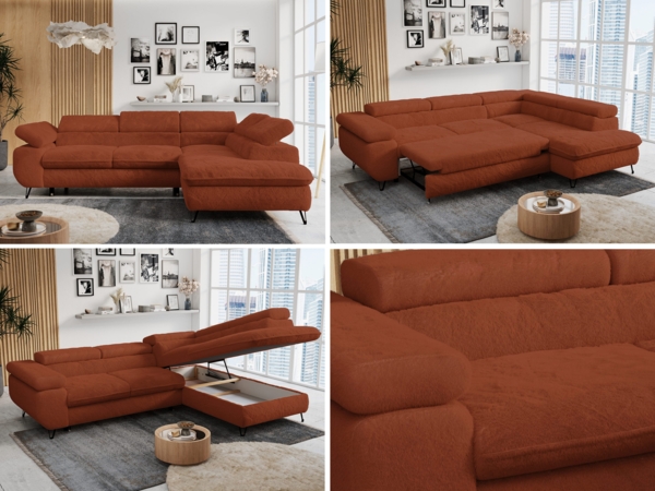 Ecksofa mit Bettfunktion, Modern Sofa, L-form, Einstellbare Kopfstützen, Bettkasten - PETER - Orange Plüsch - Topper T25 - rechts Bild 2