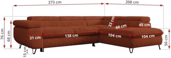 Ecksofa mit Bettfunktion, Modern Sofa, L-form, Einstellbare Kopfstützen, Bettkasten - PETER - Orange Plüsch - Topper T25 - rechts Bild 7