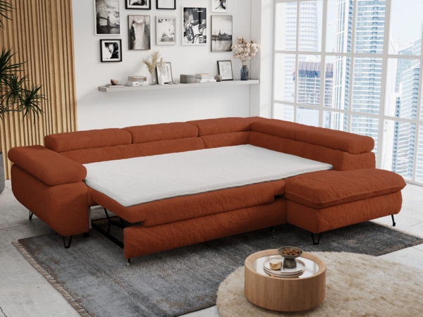 Ecksofa mit Bettfunktion, Modern Sofa, L-form, Einstellbare Kopfstützen, Bettkasten - PETER - Orange Plüsch - Topper T25 - rechts Bild 5