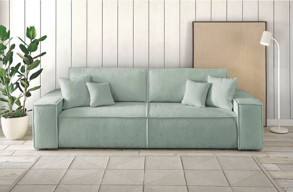 andas 3-Sitzer FINNLEY Schlafsofa 257 cm, Schlaffunktion mit Bettkasten (200/136cm), in Aqua Clean-Bouclé, Struktur fein u. Cord