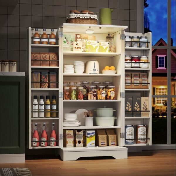 Flieks Mehrzweckschrank Hochschrank mit LED-Sensorlicht und verstellbaren Regalböden (H120,5xB60xT40 cm, 1-St) Küchenschrank mit Türablagen Buffetschrank Aufbewahrungsschrank weiß