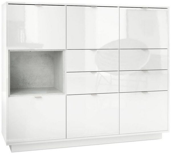 Highboard Sideboard Metro V2, Korpus in Weiß Hochglanz / Fronten in Weiß Hochglanz mit Einsatz in Beton Oxid Optik