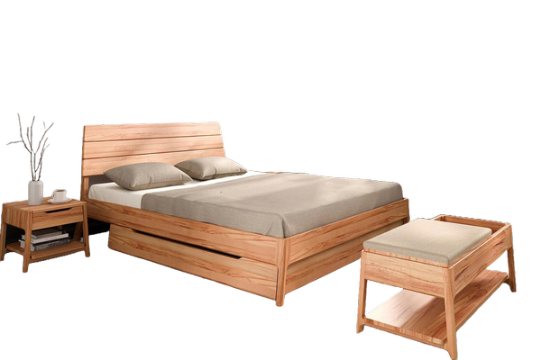 Bett Swig 1 Sonderlänge 90x220 Kernbuche massiv mit Holzkopfteil und Holzbeinen
