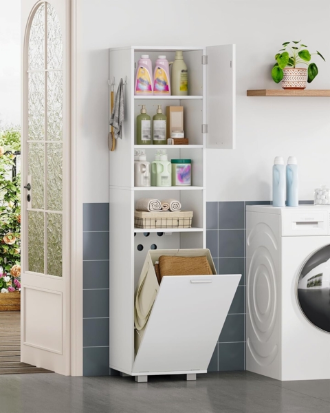 Badezimmerschrank mit Wäschekorb, Badschrank Hochschrank, Wäscheschrank, verstellbaren Regalen, Aufbewahrungsschrank für Badezimmer und Waschküche, 40 x 40 x 170 cm, Weiß