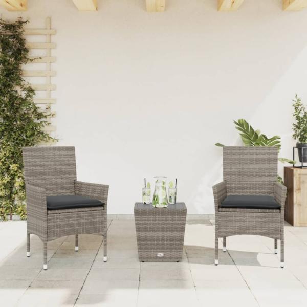 vidaXL 3-tlg. Bistro-Set mit Kissen Grau Poly Rattan und Glas 3278742