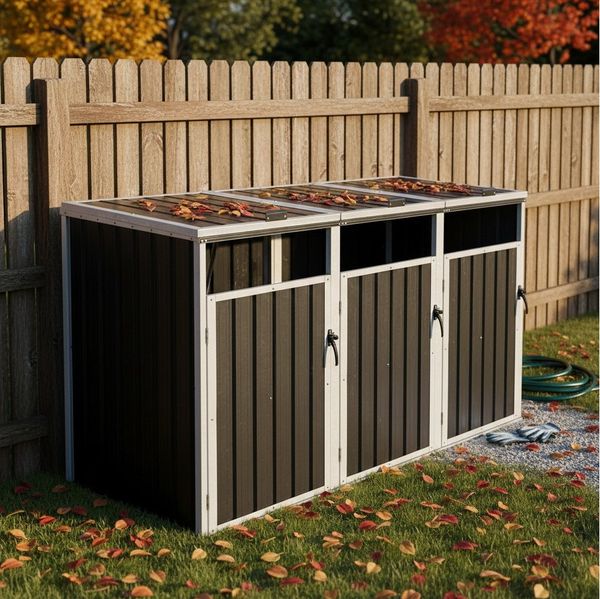 HOMAVO Mülltonnenbox 3er, Verzinkter Stahl, wetterfest & rostgeschützt (222 × 81,9 × 121,2 cm), für den Außenbereich, bietet Platz für drei Mülltonnen