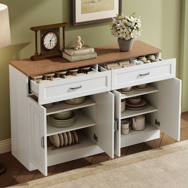 Merax Sideboard mit Soft-Close-System & natürlicher Holzmaserung (1 St, 120×35×80,5 cm), Kommode mit 4 Türen, 2 Schubladen & verstellbaren Einlegeböden