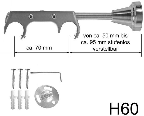 BASIT Gardinenstange Rohr und Innenlauf Edelstahloptik 20mm mit Wandträgern 120 cm E86, Ø 20 mm, 2-läufig, verschraubt, Metall, H60RI 120 cm E86 Knauf
