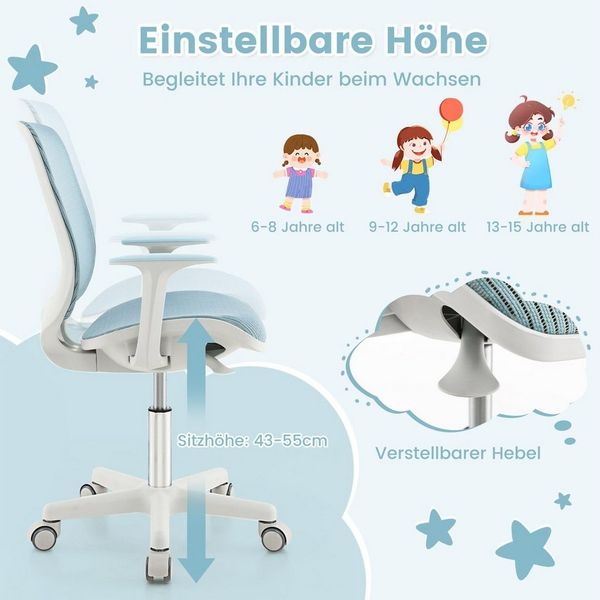 COSTWAY Drehstuhl Kinderstuhl, 43-55cm höhenverstellbar, mit Rollen 360° drehbar
