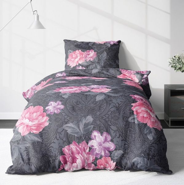 LINKHOFF Bettwäsche Biber Bettwäsche 135x200 cm, Anthrazit Rosa, Blumenmuster, Flauschige Blumen-Bettwäsche, Floral, Mit Reißverschluss, Rosen
