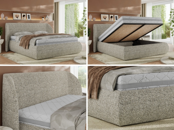 Polsterbett mit Lattenrost, Doppelbett Bettkasten, Bettgestell mit Gasdruckfeder Foam Matratze - CAELA CLASSIC - 200 x 200 cm - Beige Struktur - MIRO LUX Bild 2