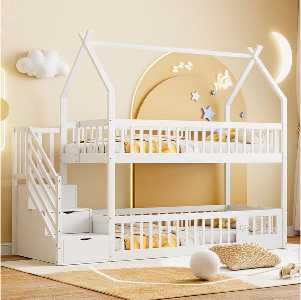 Flieks Etagenbett, Kinderbett Hausbett 90x200cm mit Stauraumtreppe und oberem Lattenrost