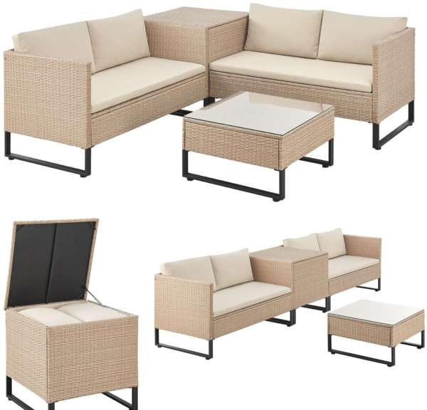 Juskys Outdoor Polyrattan Lounge Santorini - Gartenlounge mit Beistelltisch & Auflagenbox - Gartenmöbel Set Rattan Sitzecke wetterfest - Creme