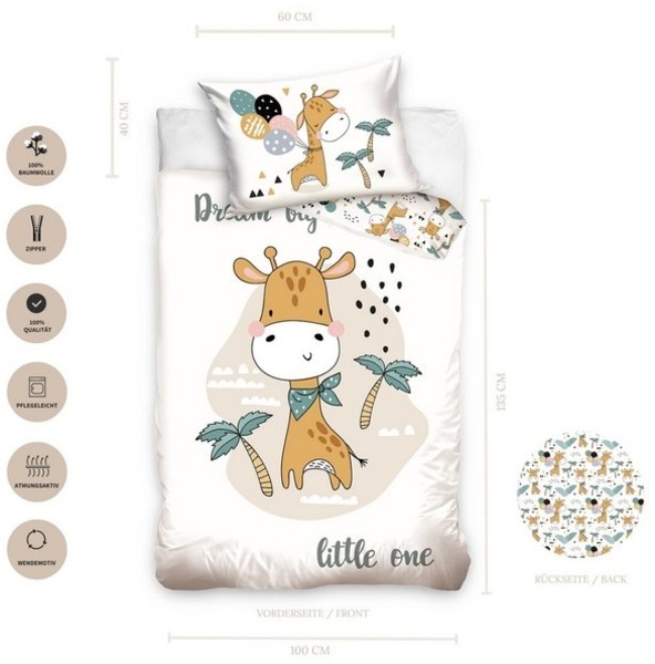 MTOnlinehandel Babybettwäsche Giraffe 100x135 + 40x60 cm, 100 % Baumwolle, Renforcé, 2 teilig, süße Dream Big Little One Kleinkinderbettwäsche mit Reißverschluss Bild 4