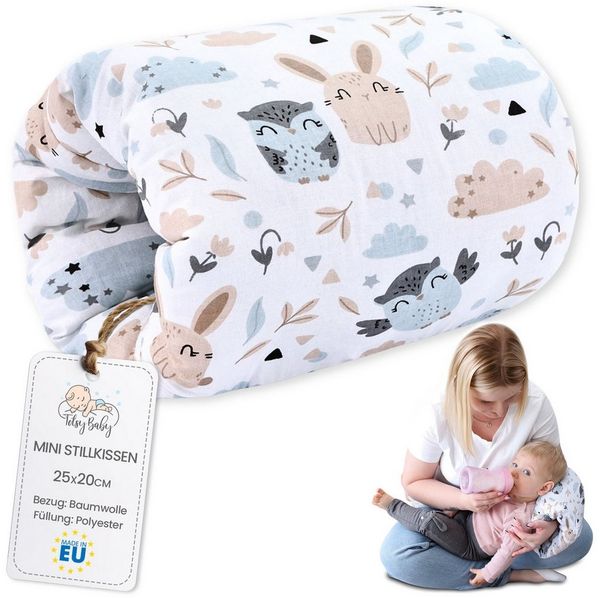Stillkissen klein Breastfeeding und Nursing Pillow für unterwegs 20 cm - Stillmuff Armkissen und Lagerungskissen Baby Arm Still Kissen aus weicher Baumwolle Oeko-Tex Eulen Weiß