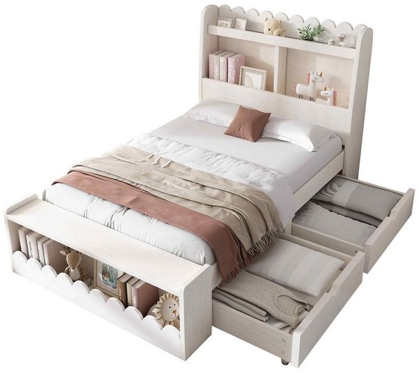 BlingBin Einzelbett Kinderbett (1-tlg, Stauraumbett mit Schubladen, Regal und Sitzbank), Bettgestell und Lattenrost aus Holz, 90x200 cm