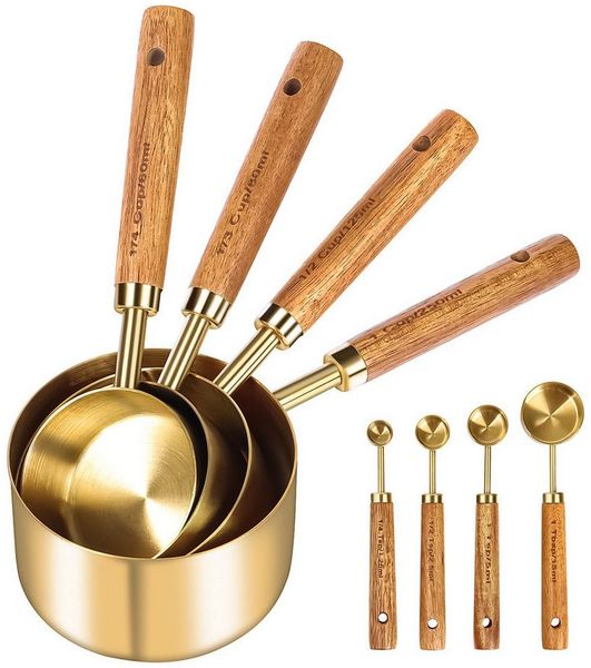 LAPAPRO Messlöffel Messbecher und Messlöffel, 8 Stück Edelstahl Messbecher Set, (SET, 4 Messbecher, 4 Messlöffel), Holzgriff mit Maßangaben, hochwertiger Edelstahl, goldpoliertes Finish