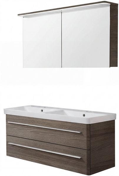 LANZET K8 Waschtisch Set mit Spiegelschrank 120 cm breit, Braun dunkel, Doppelwaschbecken Keramik Weiß