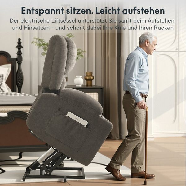 FLEXISPOT Relaxsessel Elektrischer Relaxsessel mit Aufstehhilfe, Massage- und Liegefunktion (mit Heizfunktion, 8-Punkt-Massage, USB-/Type-C-Anschluss, 2 Seitentaschen, 2 integrierte Getränkehalter, 105°-165° verstellbar), belastbar bis 200 kg, XL6