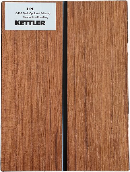 HPL Tischplatte 160cm x 95cm x 1,3cm, Teak Optik mit Fräsung, Wing Profil