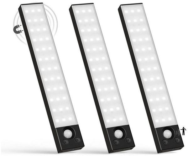 LQWELL LED Unterbauleuchte mit Bewegungsmelder, Dimmbar, Akku, USB-C Wiederaufladbar Schranklicht, LED fest integriert, Treppenlicht Nachttischlampe 22,5 cm, 1500 mAh, für Küche, Kleiderschrank, Schlafzimmer