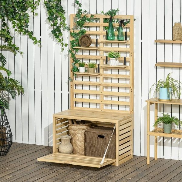 Outsunny Gartenbox Gartentruhe, Kissenbox mit Spalier, 4 Hängeregale (Aufbewahrungsbox, 1 St, Auflagenbox), mit Rankhilfe