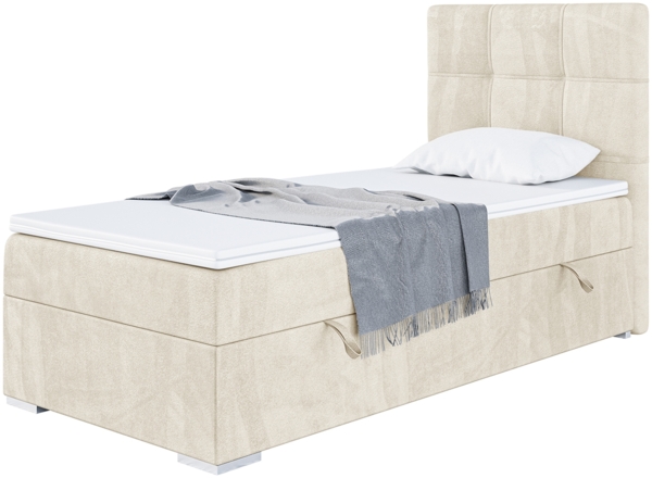 MEBLINI Boxspringbett KAI 90x200 cm mit Bettkasten - H3/Creme Samt Gepolstert Einzelbett mit Topper & Taschenfederkern-Matratze - 90x200 Rechts