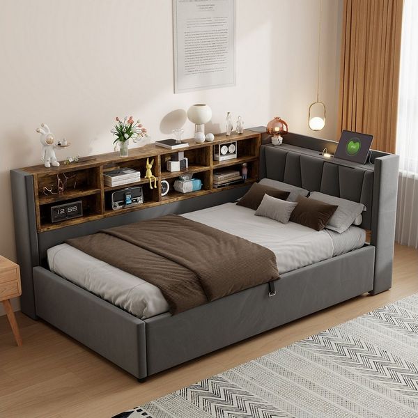 OKWISH Schlafsofa Kinderbett, mit hydraulischem Stauraum, Nachtlicht, USB- & Typ-C-Ladeanschluss und Ablagen, Polsterbett, Gepolstertes Samtsofa 90x200 cm, ohne Matratze