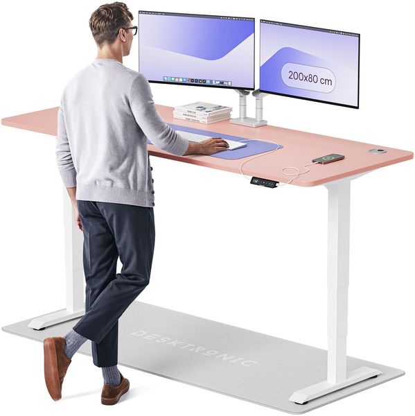 Desktronic HomePro Elektrisch höhenverstellbarer Schreibtisch 200x80cm Weiß/Rosa mit Memory-Funktion, Anti-Kollisions Technologie, USB-A und USB-C-Ladeanschlüssen
