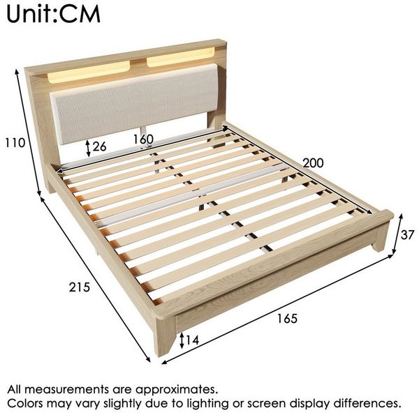 Ulife Holzbett Doppelbett mit Stauraum-Kopfteil und LED-Beleuchtung (1-tlg, Ohne Matratze), Rückenlehne mit beigefarbenem Cordpolster, 160x200cm Bild 2
