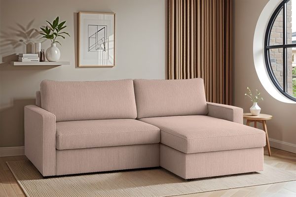 Ecksofa Sofa mit Schlaffunktion BENDIK Stoff Poso Aprikose Ottomane Rechts