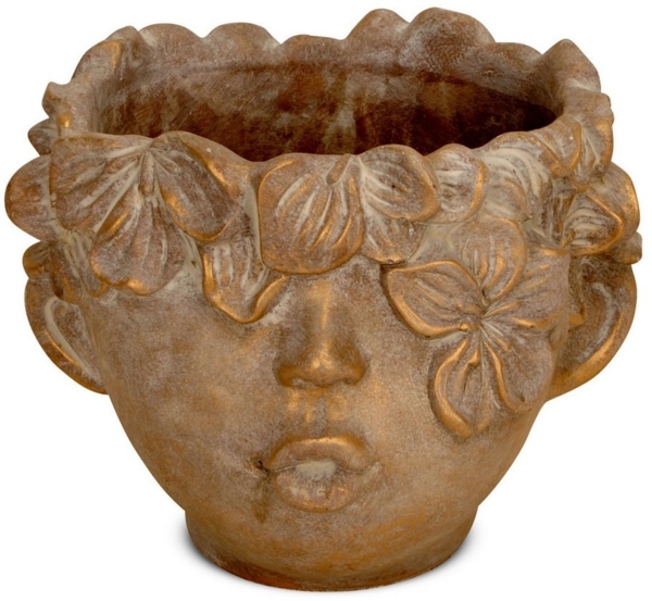 matches21 HOME & HOBBY Blumentopf Pflanzentopf - Kopf mit Blumen-Krone Gesicht Zement braun gold (1 St), Pflanzkopf als Zimmerpflanzen Pflanztopf oder Haustür Flur-Deko