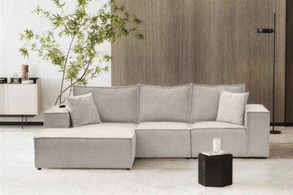 Ecksofa Sofa ALVARO inkl. QI Ladegerät Stoff Opera Velvet Pearl Ottomane Links