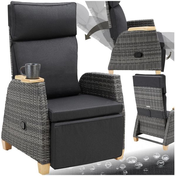 tectake® Rattan Outdoor Sessel, Korbsessel Hochlehner mit Fußstütze und Verstellbarer Lehne, Relaxsessel mit Liegefunktion, Liegestuhl für Balkon, Lounge Möbel für Garten, Sonnenliege, Lesesessel