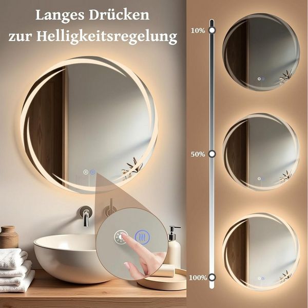 Nettlife Wandspiegel LED spiegel mit Beleuchtung Rund 50/60/70/80cm, zimmerspiegel mit Touch Schalter und Entfogger Funktion