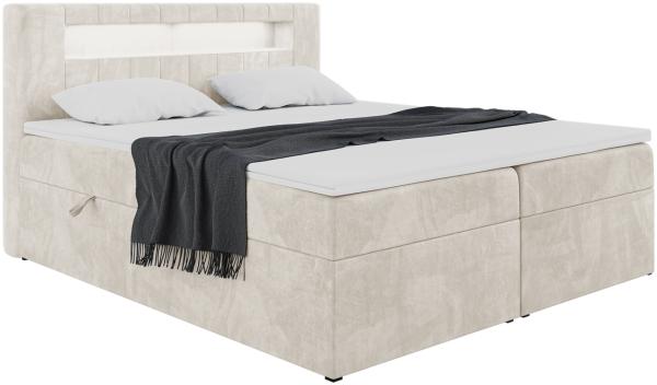 MEBLINI Boxspringbett ASPIN 140x200 cm mit Bettkasten und LED - H3/Creme Samt Polsterbett - Doppelbett mit Topper & Taschenfederkern-Matratze