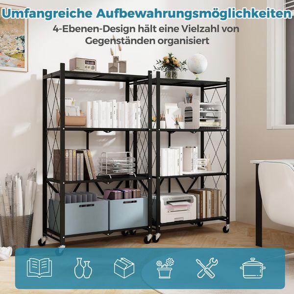 Schwerlastregal klappbar 4 Ebenen Standregal mit feststellbaren Rädern Schwarz 71 x 34 x 126 cm