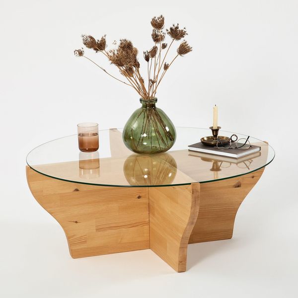 Modern Coffee Table, 92 cm Teak Color, 100% Tempered Glass & Pine Solid Wood Frame, 36 cm Height | Stylish & Functional for Living Spaces