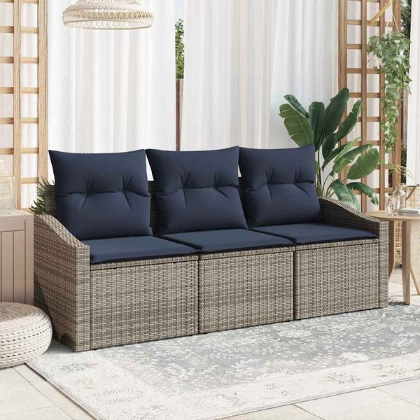 vidaXL Gartensofa-set mit Kissen 3 pcs Grau und Marineblau Poly-Rattan 3355254