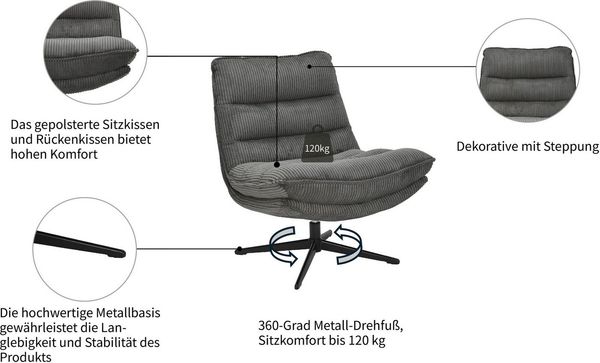 OTTO home Sessel AVAA, Loungesessel im softem Cord-Bezug, 360° Grad drehbar, Relax- und TV-Sessel
