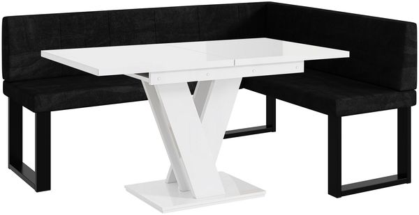 MEBLINI Eckbank für Esszimmer mit ausziehbarem Tisch - Küchenbank - Essecke - Sitzecke Küche - PETER - U-Beine 128x168x87cm Rechts - Graphit Samt/M Weiß Hochgl.