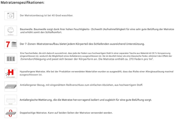 Matratze Taschenfederkern 7 Zonen MONTA H3 100x200x18 cm Bild 3