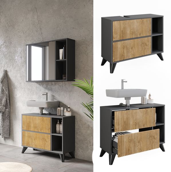 Waschbeckenunterschrank Leano Anthrazit/Bergeiche 80 x 62 cm mit 2 Schubladen Vicco Bild 2