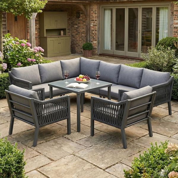 ibettertec Gartenlounge-Set Gartenlounge-Set, Garten-Essgruppe Ecklounge Set, Grau, 8Personen,bestehend aus einem Esstisch zwei Sesseln und einem Ecksofa