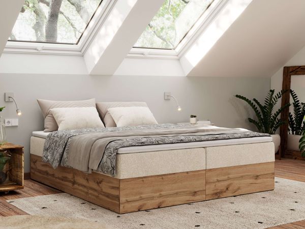 Polsterbett mit Bettkasten, Boxspringbett ohne Kopfteil WOOD ZERO, 7-Zonen Multipocket-Matratze und Topper, modernes Bett für Schlafzimmer - Creme Strukture - 160 x 200 cm - H3