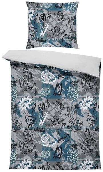 MTOnlinehandel Bettwäsche Graffiti 135x200 + 80x80 cm, Baumwolle Renforcé, Urban Style, 100% Baumwolle, 2 teilig, Street Art- Design in Grau-Blau – weich und pflegeleicht