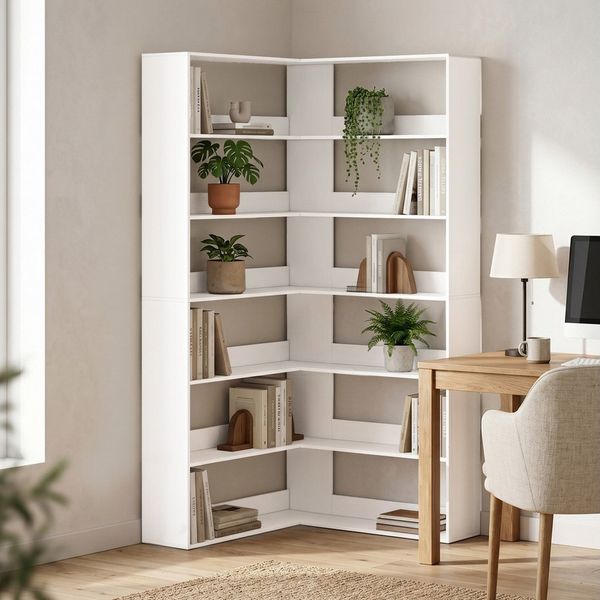 HOMCOM Bücherregal rutschfester Rückenschutz, Standregal 1-tlg, L-förmiges Eckregal mit 7 Ebenen, 7 cm hohe Rückwand, Kippschutz