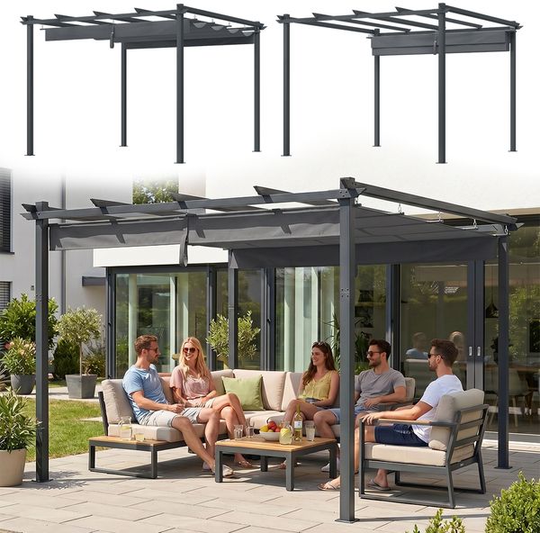 STEELSØN 'Xyriela' Pergola mit Schiebedach, 4x3m, Aluminium, anthrazit/grau, Gartenpavillon, wetterfest, Pavillon mit freistehender Terrassenüberdachung
