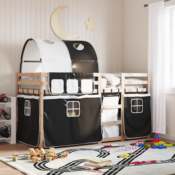 vidaXL Etagenbett mit Vorhängen Weiß & Schwarz 90x190 cm Kiefernholz 3283994