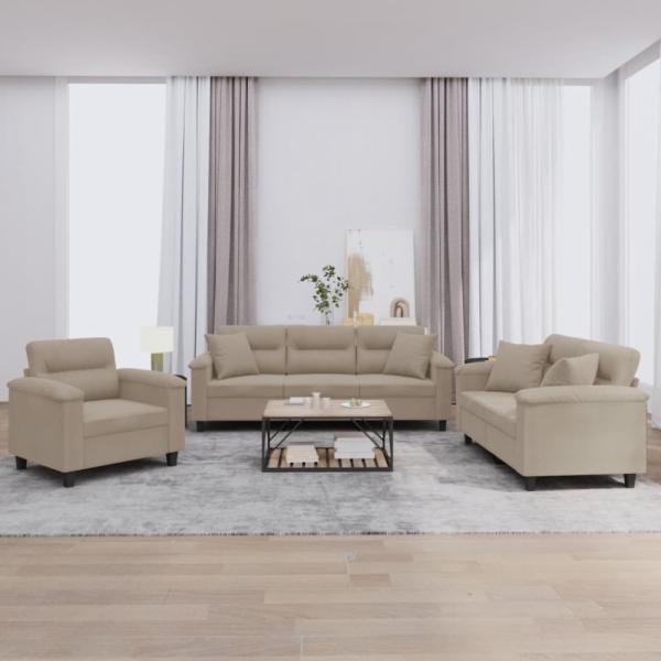 vidaXL 3-tlg. Sofagarnitur mit Kissen Taupe Mikrofasergewebe 3202302